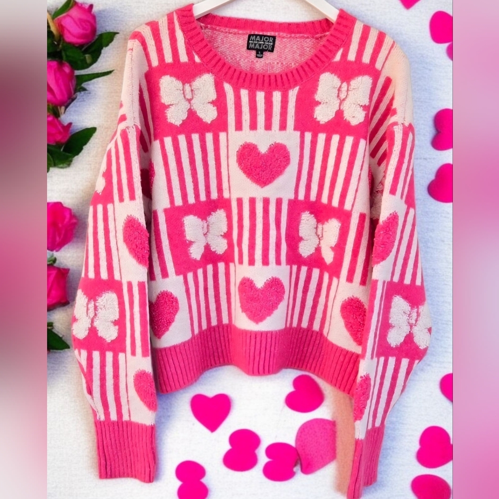Pink Chunky Chenille Embossed Bows and Hearts Valentine's Day Sweater Size Large